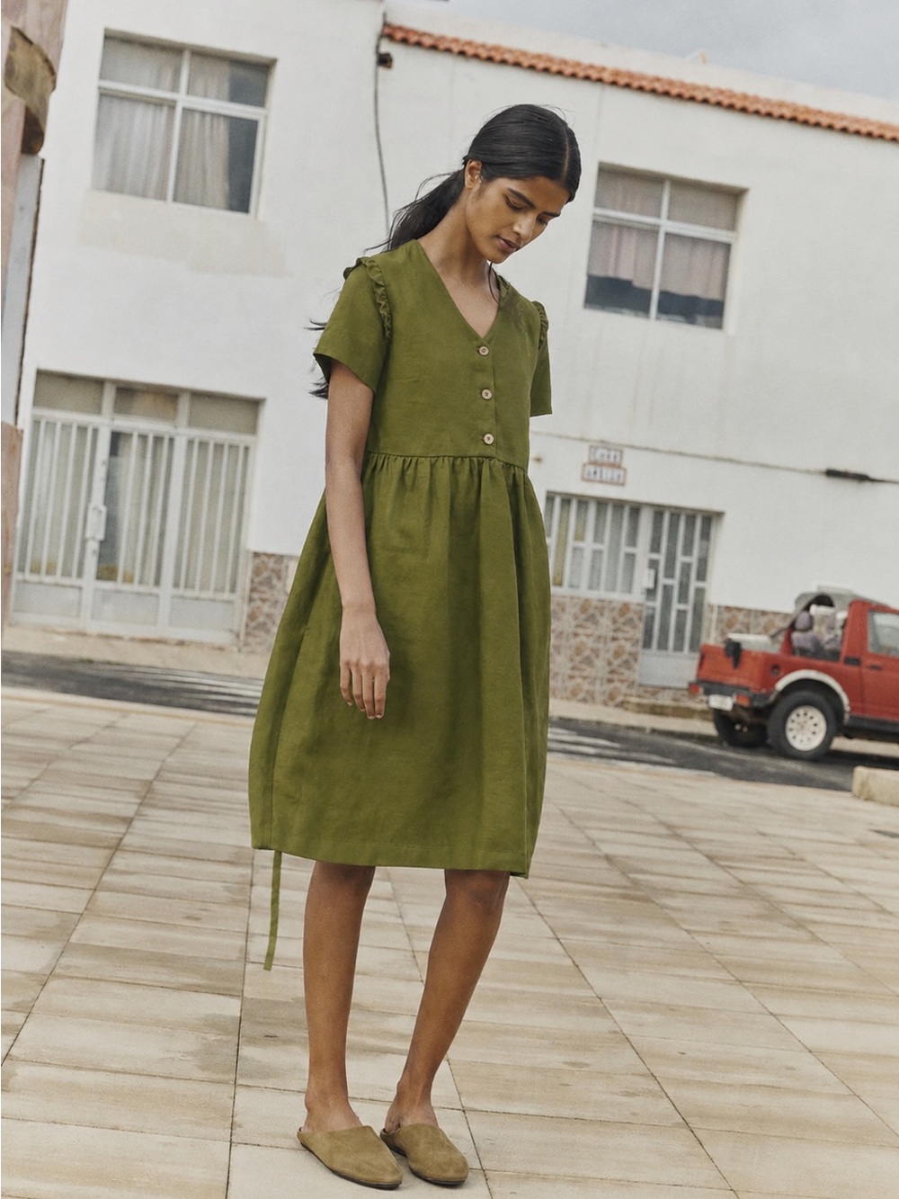 Not Perfect Linen SYMI V-neck Ruffle Sleeve Tie Back Pocket Dress